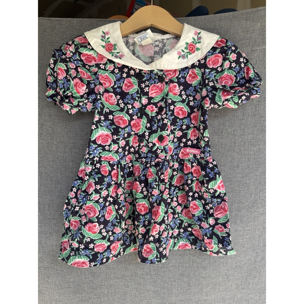 Vintage Sz 2T Oshkosh B'Gosh 90's Floral Dress Embroidered Peter Pan Collar
